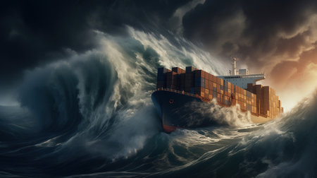 container ship in the ocean during an incredibly powerful storm, dramatic sky.の素材