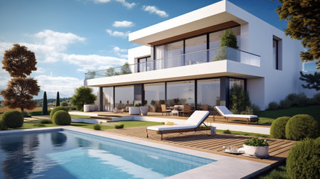 modern villa at sunny day. The villa features sleek and contemporary architecture, and the evening setting offers a tranquil ambiance.の素材