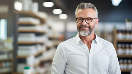 Confident mature man stands in a pharmacy against a backdrop of shelves of medication, selective focus.の素材