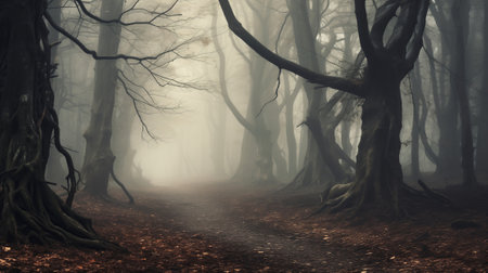 A mystical white fog drifts through a depressing autumn forest, creating a mood of sadness and loneliness.の素材