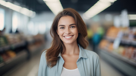 A pretty smiling woman on a supermarket background, selective focus.の素材