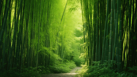 A lush green bamboo forest somewhere in an Asian country.の素材