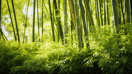 A lush green bamboo forest somewhere in an Asian country.の素材