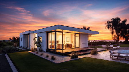 modern villa at sunrise or sunset. The villa features sleek and contemporary architecture, and the evening setting offers a tranquil ambiance.の素材