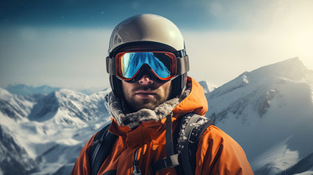 Portrait of a man in a snowboard helmet and goggles in the winter mountains.の素材