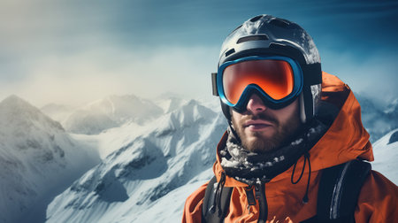 Portrait of a man in a snowboard helmet and goggles in the winter mountains.の素材