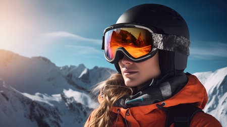 Portrait of a woman in a snowboard helmet and goggles in the winter mountains.の素材