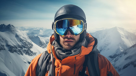 Portrait of a man in a snowboard helmet and goggles in the winter mountains.の素材