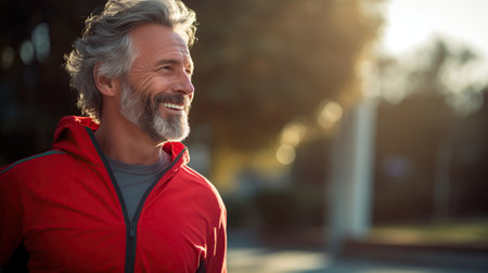 candid smiling 60 yo man in a sport wear jogging outdoor.の素材