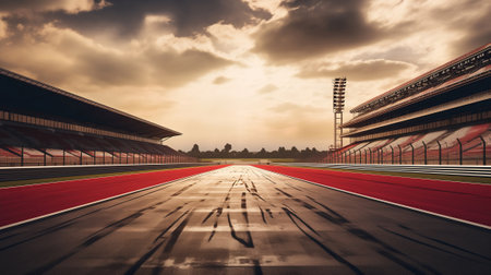 Racing track in motion, with a grandstand in the background.の素材