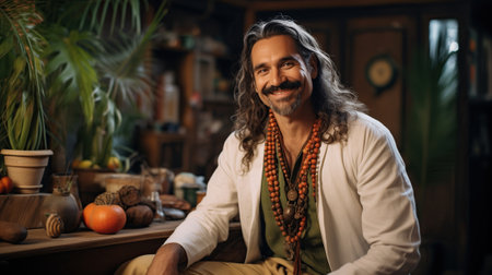 A smiling Indian Ayurvedic doctor in his clinic, surrounded by Ayurvedic medicines.の素材