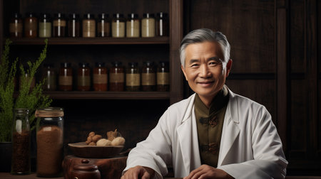 A smiling Chinese doctor of traditional Chinese medicine in his clinic, surrounded by natural medicines.の素材
