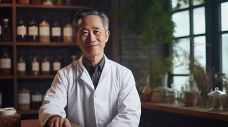 A smiling Chinese doctor of traditional Chinese medicine in his clinic, surrounded by natural medicines.の素材