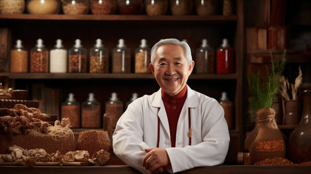 A smiling Chinese doctor of traditional Chinese medicine in his clinic, surrounded by natural medicines.の素材