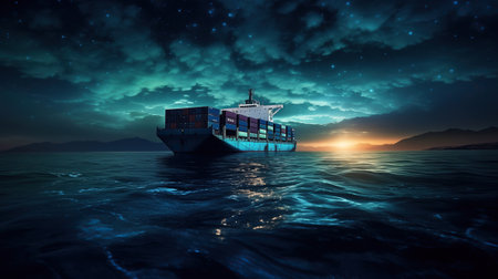 container ship sailing through the vast expanse of the ocean at night.の素材