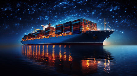 container ship sailing through the vast expanse of the ocean at night.の素材