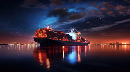 container ship sailing through the vast expanse of the ocean at night.の素材
