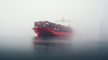 container ship sailing through the vast expanse of the ocean in the dense fog.の素材