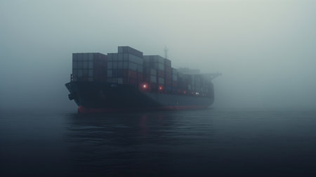 container ship sailing through the vast expanse of the ocean in the dense fog.の素材