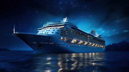 cruise ship sailing through the vast expanse of the ocean at night.の素材