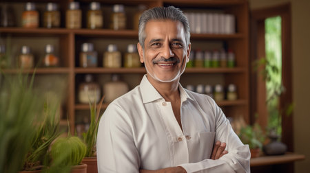 A smiling Indian Ayurvedic doctor in his clinic, surrounded by Ayurvedic medicines.の素材