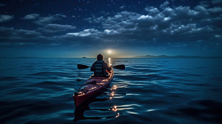 A kayaker paddling in the open ocean at night.の素材