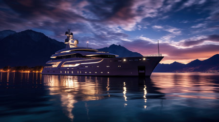 luxury yacht sailing through the vast expanse of the ocean at night.の素材