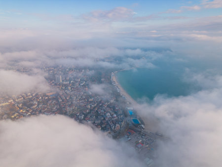 city in the fog in the morning aerial view, Varna Bulgaria.の写真素材