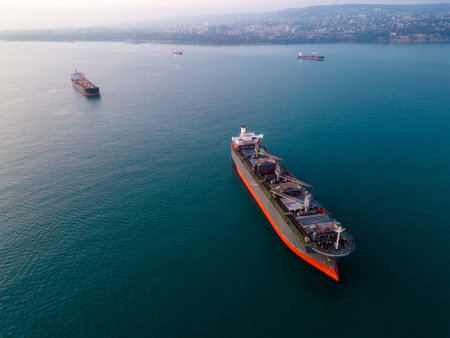 A massive cargo ship wood chips carrier in the sea, aerial view.の写真素材