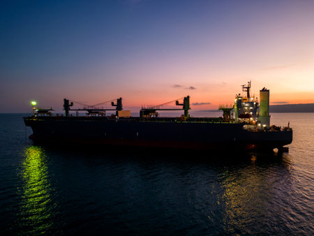 A massive cargo ship wood chips carrier in the sea, aerial view.の写真素材
