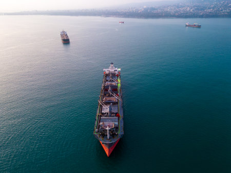 A massive cargo ship wood chips carrier in the sea, aerial view.の写真素材