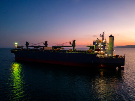 A massive cargo ship wood chips carrier in the sea, aerial view.の写真素材