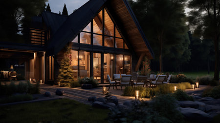 A beautiful modern cottage outside in the evening exudes a cozy and welcoming ambiance.の素材