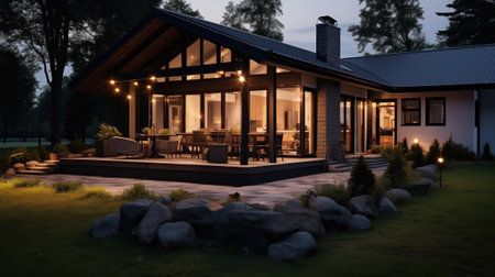 A beautiful modern cottage outside in the evening exudes a cozy and welcoming ambiance.の素材
