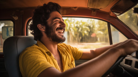 A cheerful driver sits in the cab of a modern taxi enjoying the open road and the freedom.の素材