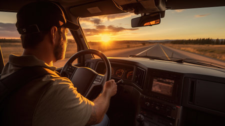 A cheerful driver sits in the cab of a modern truck enjoying the open road and the freedom.の素材