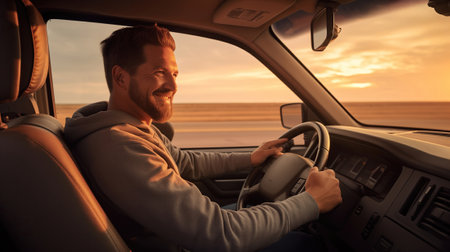A cheerful driver sits in the cab of a modern truck enjoying the open road and the freedom.の素材