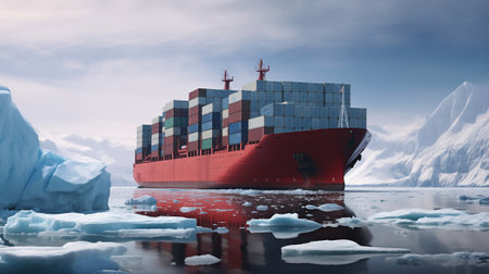A container ship makes its way through icebergs.の素材