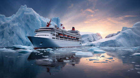 A cruise ship makes its way through icebergs.の素材