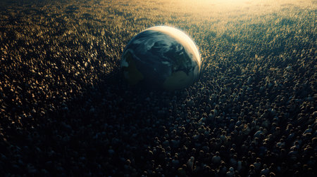 Overpopulated planet Earth drowns in an endless crowd of humanity, a metaphorical image.の素材