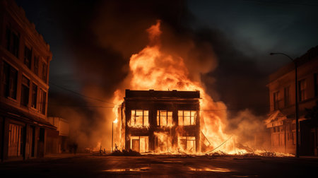 A huge building in the city is on fire.の素材