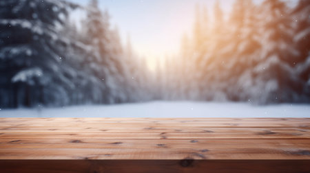 A wooden surface against a winter landscape with pine trees and snow.の素材