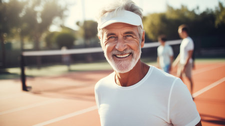 A mature male tennis player in action, close-up.の素材