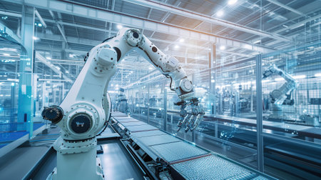 ultra-modern factory that embodies the concept of Industry 4.0, showing the integration of advanced technologies to optimize efficiency, and sustainability.の素材