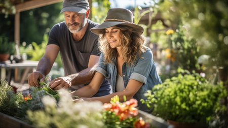mature happy couple working in the garden together.の素材