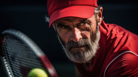 A mature male tennis player in action, close-up.の素材