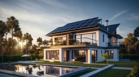 newly constructed homes featuring dark solar panels on the roof under a bright sky, capturing a close-up of the modern structure.の素材