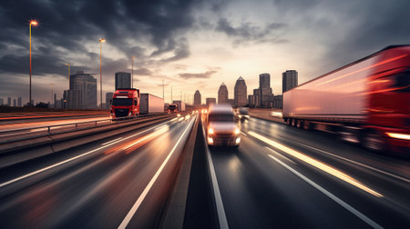 A motion blur of trucks speeds past on the highway under the cover of night.の素材