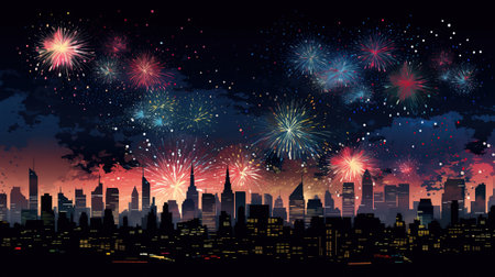 Illustration of The fireworks over the metropolis lit up the night sky like a million stars.の素材