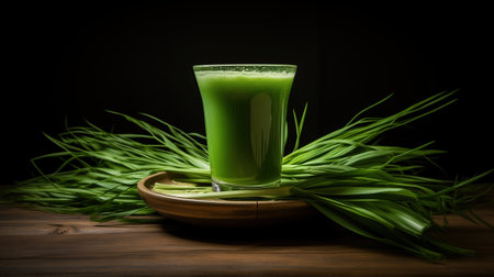 Fresh green sprouts of a wheat and a wheatgrass drink on a white background.の素材